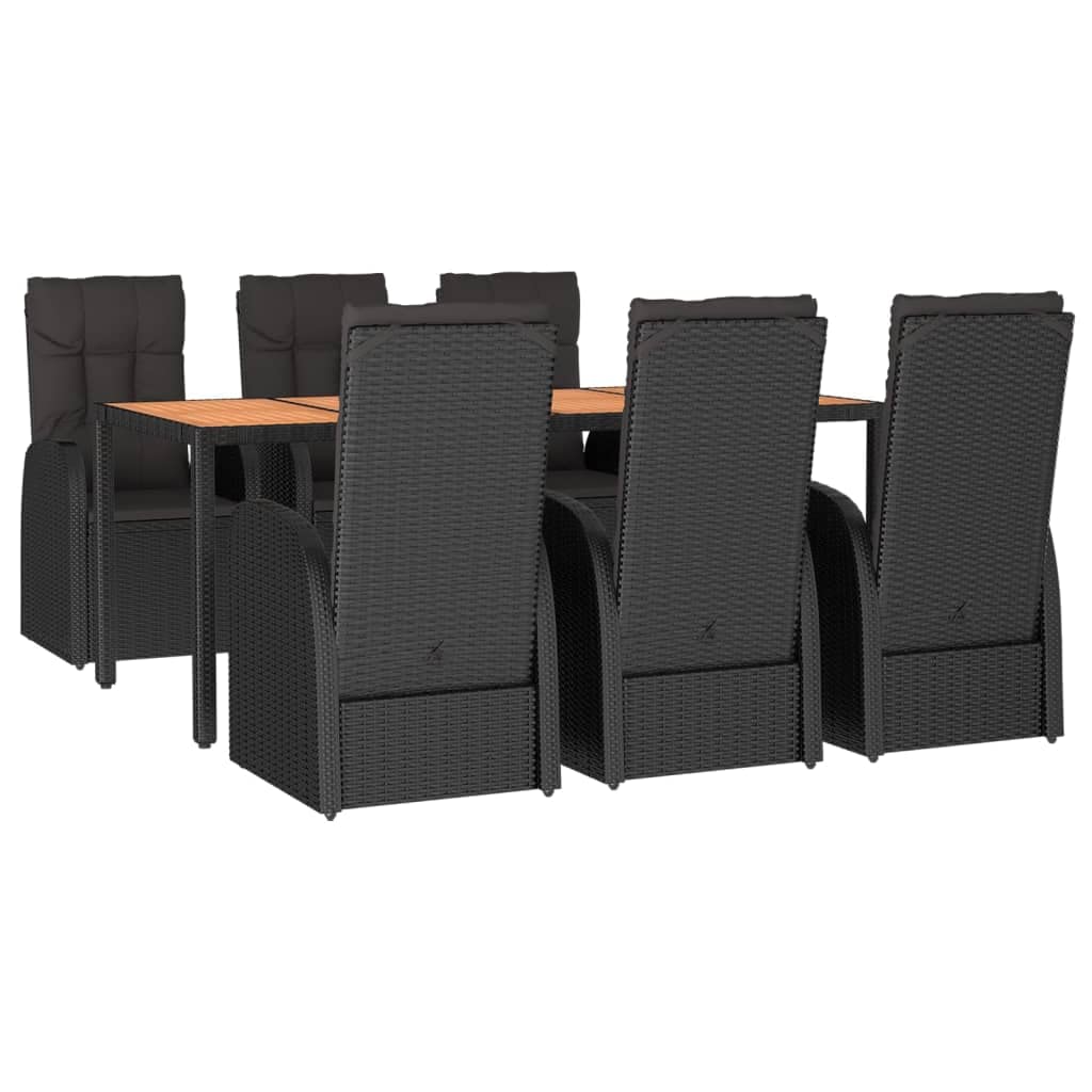 7-TLG. Zestaw obiadowy ogrodowy, czarny, rattanowy, regulowane krzesła, 190 x 90 cm, poduszka, odporny na warunki atmosferyczne, zestaw mebli ogrodowych na taras