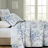 DDUOXIN 3 Piece Queen Quilt Set - Reversible 100% Cotton Soft Queen Quilt with 2 Pillow Shams, Botanical Style Floral Print Bedspread Lightweight Comforter Bedding Set, Blue/White, Queen