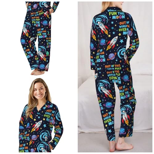 Image of Women'S Long Sleeve Pajama Set Soft Loungewear Button-Down Top & Elastic Waist Pants S- 2XL