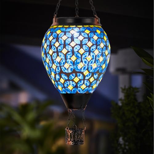 Lanterne solaire montgolfière en mosaïque bleue, idée cadeau originale pour maman
