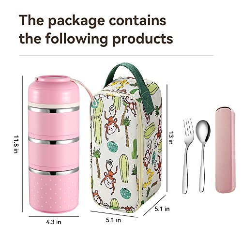 Ybobk Home 3-Tier Cylinder Stackable Lunch Box, Stainless Steel Thermal Lunch Container For Kids Adults, Leakproof Portable Insulated Food Container With Lunch Bag & Utensil (Pink 56Oz) #TOP5