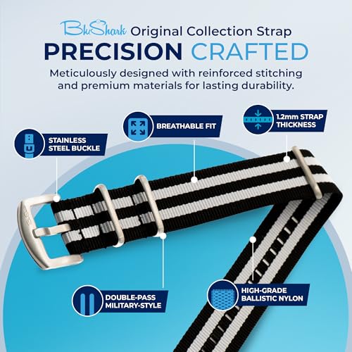 Image of BluShark - Original Collection Military-Style Waterproof Watch Strap, Fits All Timepiece Brands, Durable Nylon Wristwatch Accessories with Stainless Steel Buckle - 18mm, 20mm, 22mm & 24mm Watch Bands