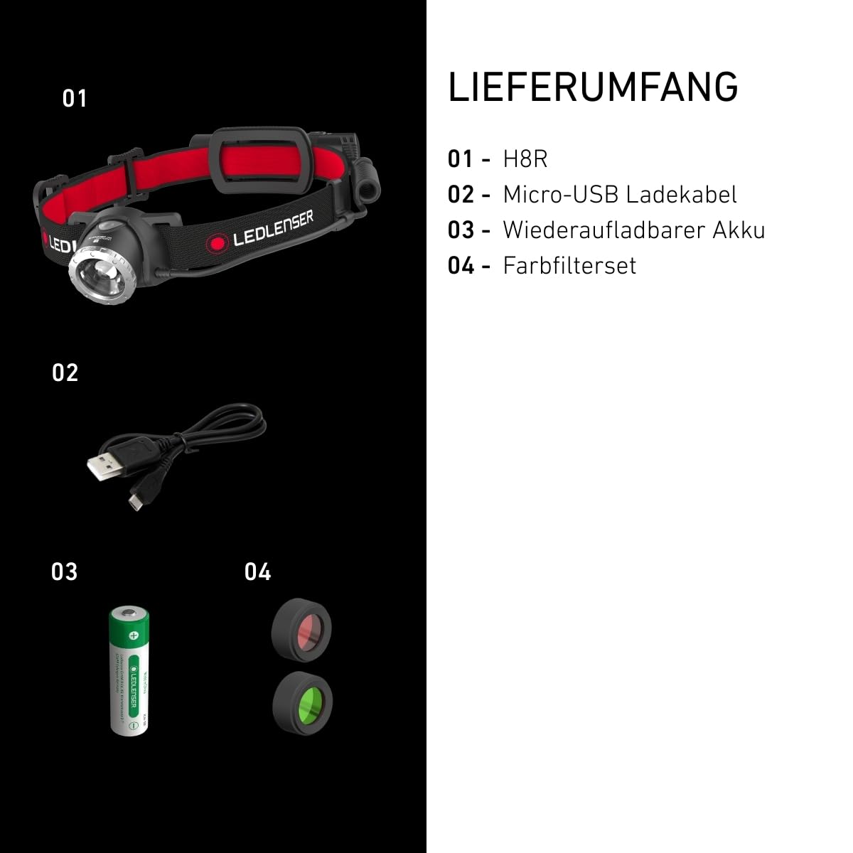 Ledlenser H8R Stirnlampe LED, aufladbar mit Lithium 18650 Akku, 600 Lumen, fokussierbar, bis zu 120h Laufzeit, rotes Rücklicht, schwenkbar, USB Ladekabel, Headlamp