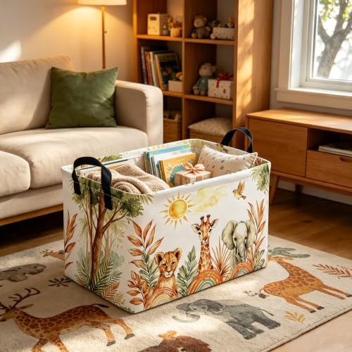 Image of Rectangular Animal Baskets,Collapsible Gift Basket with Handles,Book Bins,Shelf Basket(Yellow animal)