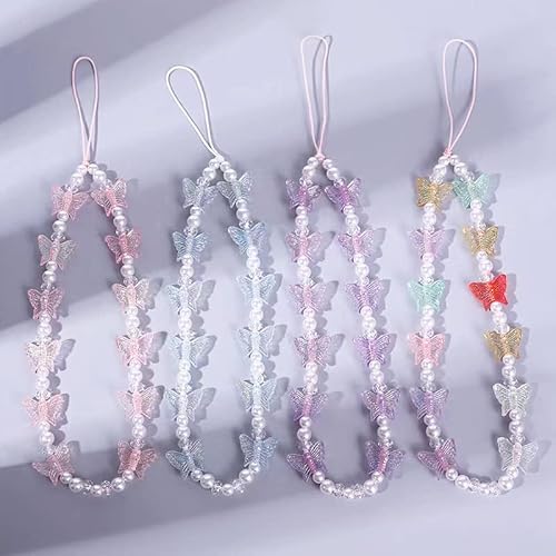 Fuqimanman2020 Butterfly Beaded Phone Lanyard Strap Charms Y2K Imitation Pearl Mobile Phone Chain Anti-Lost Colorful Acrylic Charm For Women And Girls-Pink #TOP4