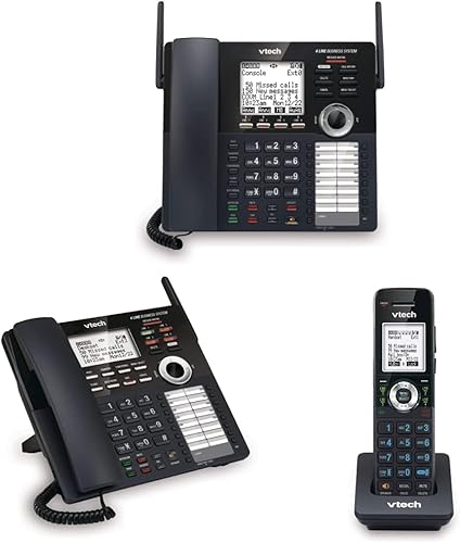 VTech AM18447 - Consola principal expandible de 4 líneas para pequeñas empresas y sistema de escritorio de extensión VTech AM18247 para VTech