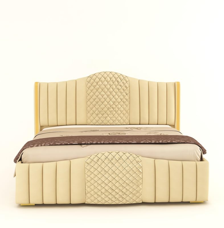 Image of Aesthetic crafts Hydraulic Bed Queen Size with Storage, Sheesham Wood Upholstered Wooden Double Bed, Queen Size Bed with Hydraulic Storage, Modern Platform Cot for Bedroom & Hotels, 6.5 x 5 Ft, Cream