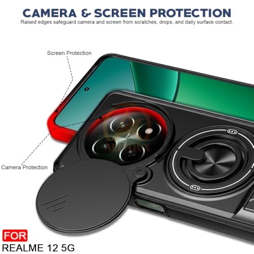 Image of Realme 12X / 12 /13 / C65 5G Back Cover | Armor Camera Slider 360 Degree Rotating Finger Ring Holder Case with Bracket Stand Back Case Cover (Compatible with MagSafe Accessories) (Black)