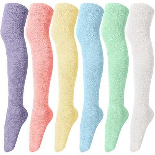 Liitrsh 6 Pairs Women Knee High Fuzzy Socks Soft Long Thigh High Warm stockings Cozy Slipper Plush Socks (Pastel Colors)