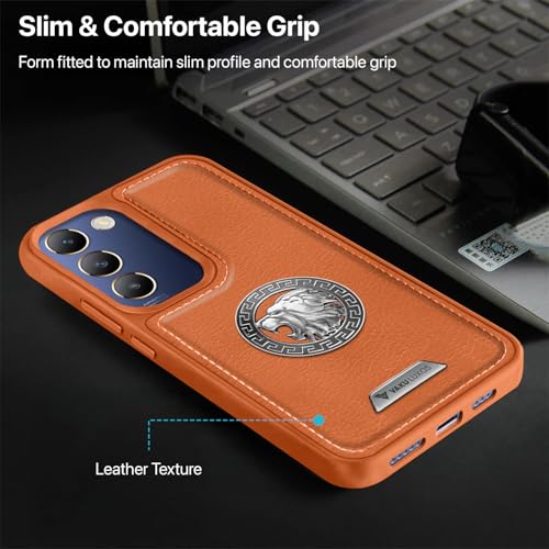 Image of Vaku Luxos Regal Shield TPU Back Cover Case for Vivo T3 5G Metal Lion Engraved Leather Stitched Design Camera Screen Protector- Brown