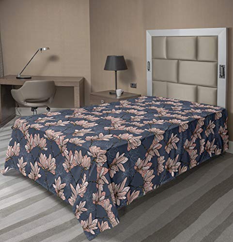 Ambesonne Flowers Flat Sheet, Pattern with Magnolia Flowers in Japanese Style Tender Nature Garden, Soft Comfortable Top Sheet Decorative Bedding 1 Piece, Twin Size, Dark Blue Coral