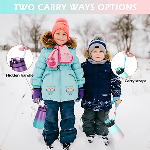 Goppus Kids Insulated Water Bottle 12 Oz Double Wall Vacuum Stainless Steel Kids Cup Leakproof Metal Water Bottles With Straw & Spout Lid Strap Handle 10Pcs Stickers For Toddler Girls Boys School #TOP3