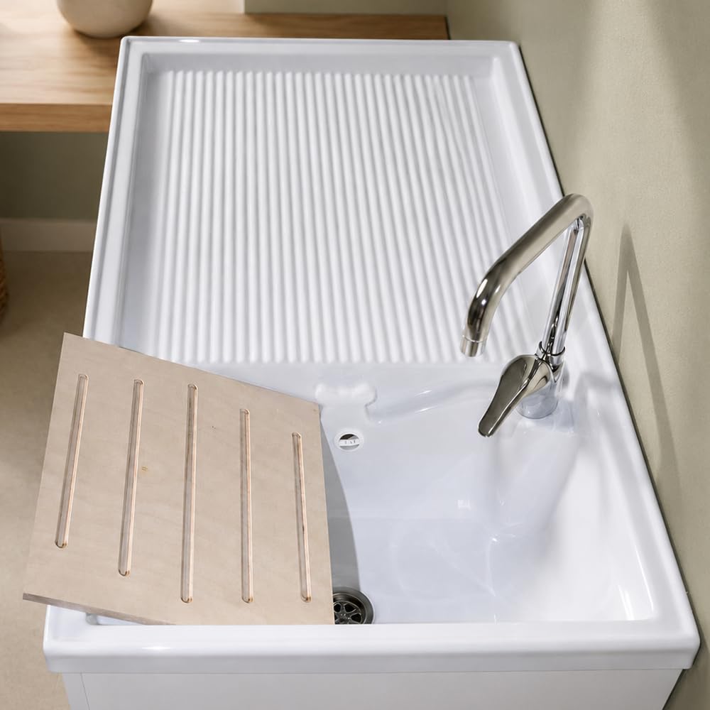 Inbagno Mobile Coprilavatrice Con Lavatoio 106x60 Cm Bianco Opaco Con Vasca A Destra, Anta Contenitiva, Asse Lavapanni E Kit Scarico Inclusi – Mobile Lavanderia Linea Medea