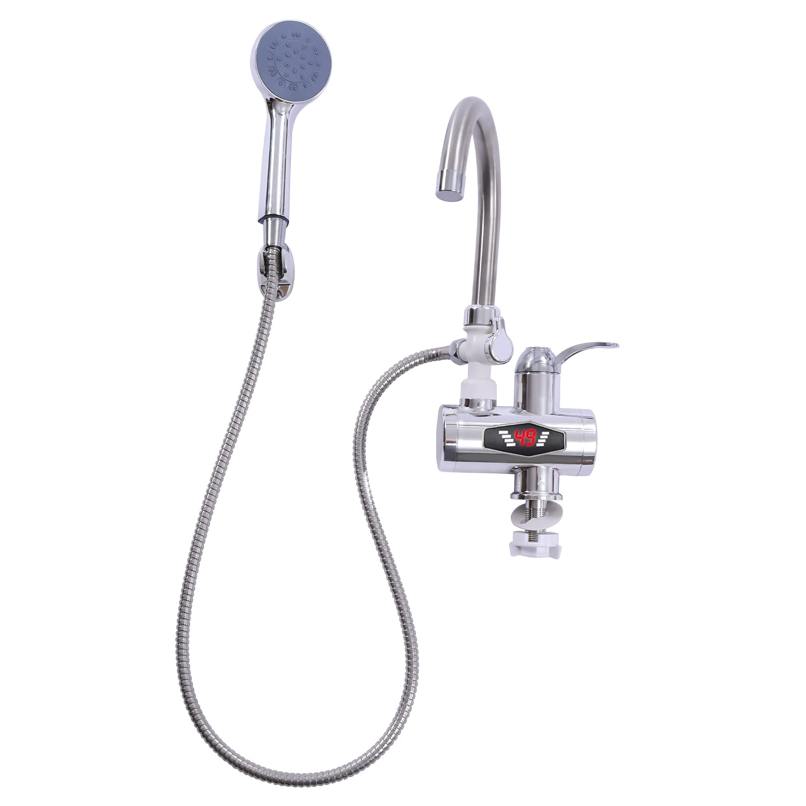 Robinet de chauffe-eau électrique, avec douche, eau chaude, pour baignoire et cuisine, pivotant à 360°, avec pommeau de douche et affichage LCD de la température, chauffe-eau instantané