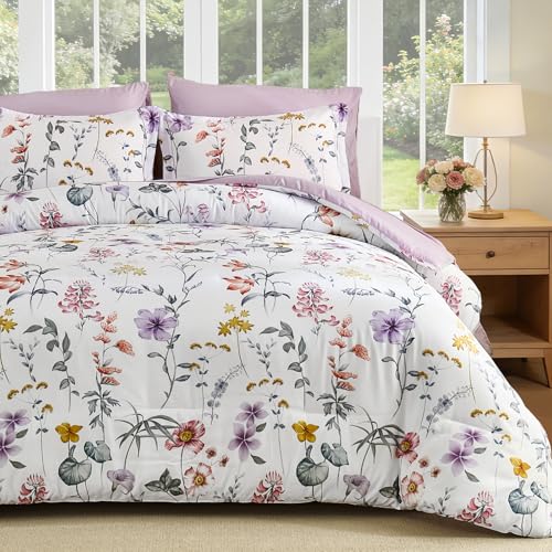 DJY King Comforter Set White Botanical Floral Comforter Sets King Size for All Seasons 7 Pieces Bed in a Bag Lightweight Microfiber Bedding Comforter Set with Sheets Pillowcases & Shams
