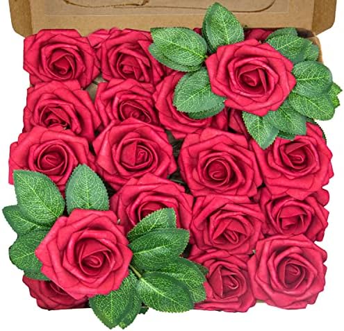 ROYALLATO Artificial Flowers Roses 25pcs Fake Flowers Pink Foam Roses with Stem for Wedding Flowers Decorations DIY Bridal Bouquets Mother's Day Cake & Home Decoration Baby Shower & Gifts