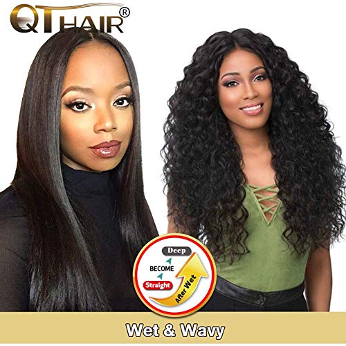 QTHAIR 10a Brazilian Dream Straight Hair with Closure(18 20 22+16,Natural Black) Will Become Brazilian Deep Wave Human Hair After Wash Wet And Wavy Human Hair Bundles with Closure