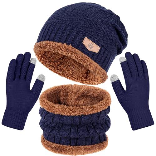 Winter Beanie Hat Scarf and Gloves Set For Men Women，Warm Beanie Hat Soft Neck Scarf and Touch Screen Gloves for Cold Weather