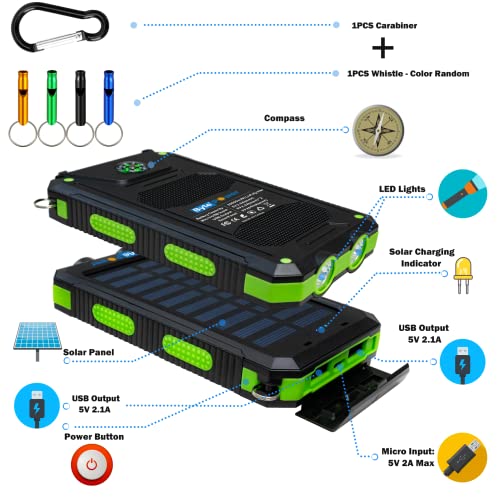 Solar Charger Power Bank 20000Mah, Portable Solar Pone Charger With Compass,Carabiner, Whistle,Flashlights,Solar Panel Charger,Camping Gear Accessory (Green) #TOP2