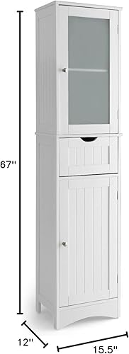 Miniatura 22 de Tangkula Armario de almacenamiento de baño de 67 pulgadas de alto, torre independiente delgada con 2 puertas y 1 cajón, gabinete de piso estrecho