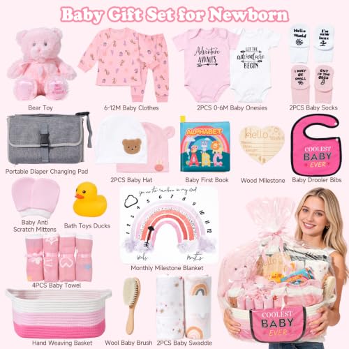 Image of iAOVUEBY Baby Gift Set for Newborn, New Baby Girl Gift Basket, Newborn Essentials Hat Onesie Bear Toys Keepsake Blanket Infant Diaper Changing Pad Bibs, Baby Shower Gifts for Girls