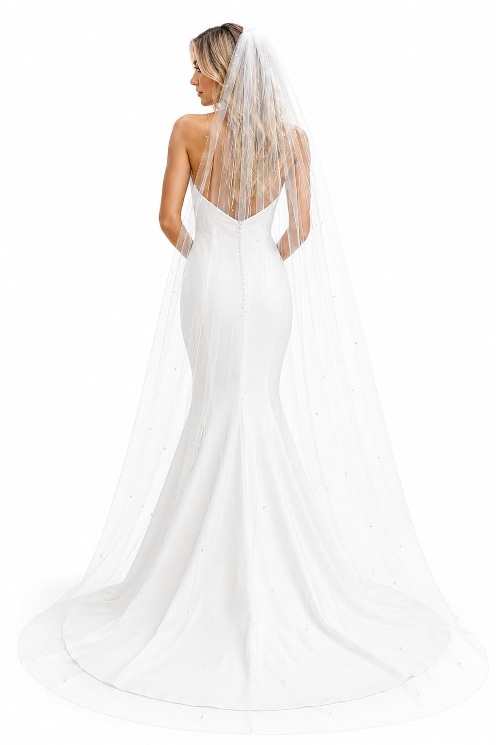 Pet-Jos Perle Brautschleier, Tüll Brautschleier mit Perlen, Hochzeit langer Schleier, Braut Hochzeitsschleier, Weiß Elfenbein Kathedrale Lange Schleier Einfache Perle Dekor