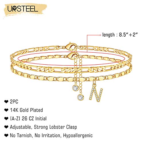 Image of Ursteel Ankle Bracelets for Women, 14K-Gold-Plated Dainty Layered Chain CZ Initial Anklets Set Summer Jewelry Gifts for Women