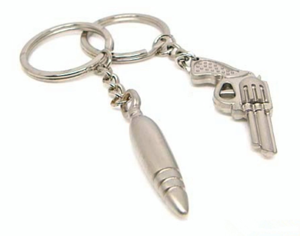 4EVER Cool Stainless Alloy Metal Silver Bullet & Gun Couple Keychain (With Gift Box and Greeting Card) Weapon Sweetheart Pendant Lovers Key Ring Key Chain Best for Romantic Valentine's Day Wedding Anniversary (A Pair)