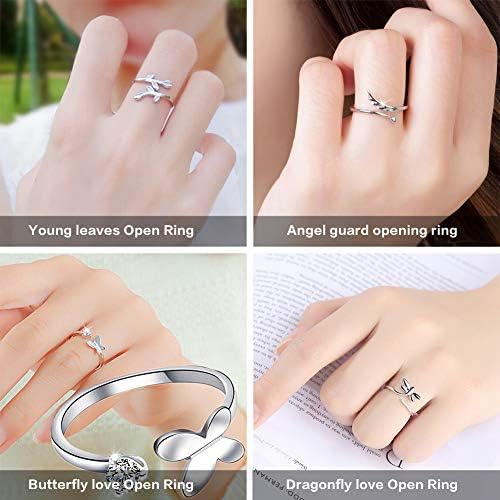 SwirlColor Adjustable Rings for Women Girls, Open Finger Rings Wing Butterfly Dragonfly Leaf Ring 4pcs, with Jewelry Box 1pcs