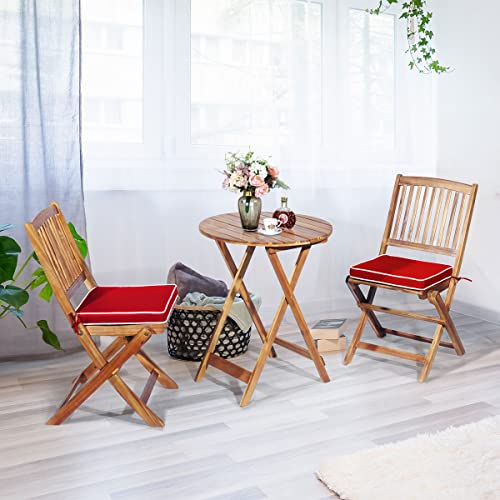 Image of Tangkula 3 PCS Patio Folding Bistro Set, Outdoor Acacia Wood Chair and Table Set w /Padded Cushion& Round Coffee Table, Ideal for Indoor Patio Poolside Garden (Red)