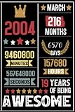 march 19 years 216 months 6570 days of being awesome: 2004 birthday| personalized journal notebook 19 years old gifts happy 19th birthday gift ideas
