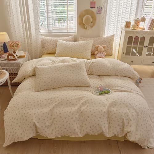 Image of Pastel Ditsy Floral Duvet Cover Set, Cream Off-White Double Layer Gauze Cotton Bedding Set, Soft Breathable Green Leaves Comforter Cover for Cottagecore French Country Bedroom Decor, Queen Size