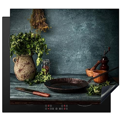 KitchenYeah Herdabdeckplatte Einteilig Abdeckplatten Cerankochfeld Abdeckung Ceranfeld Herdplattenabdeckung Induktionsmatte Kräuter - Gewürze - Pfanne - Messer - Grau - Rustikal - 60x52 cm