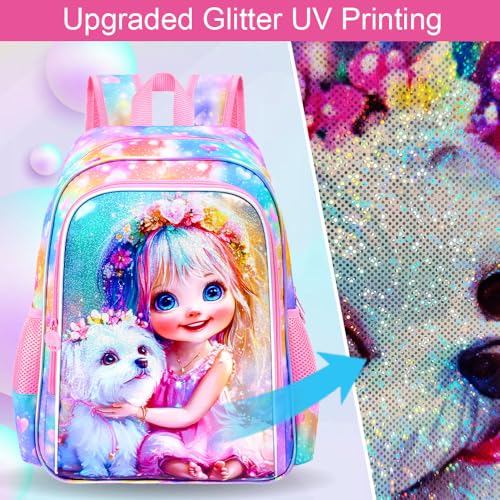 Image of 3Pcs Dog Backpack for Girls, 16 inch Kids Bookbag with Lunch Box，School Backpacks for Elementary Preschool Kindergarten (Pink)