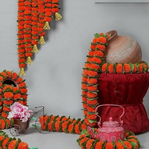 Image of Bindian Artificial Marigold Flower Toran 2.5 Ft Orange with Leaf & Bells | Decorative Bandanwar for Diwali, Pooja, Wedding, Festival, Home Entrance & Wall Decoration (Pack of 10)
