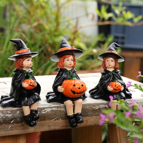 HomeVortex Juego de 3 figuras de bruja de calabaza de Halloween, adornos decorativos de resina, colección de exhibición interior, mesa, mantel, salpicadero, piezas de acento de otoño, decoración del