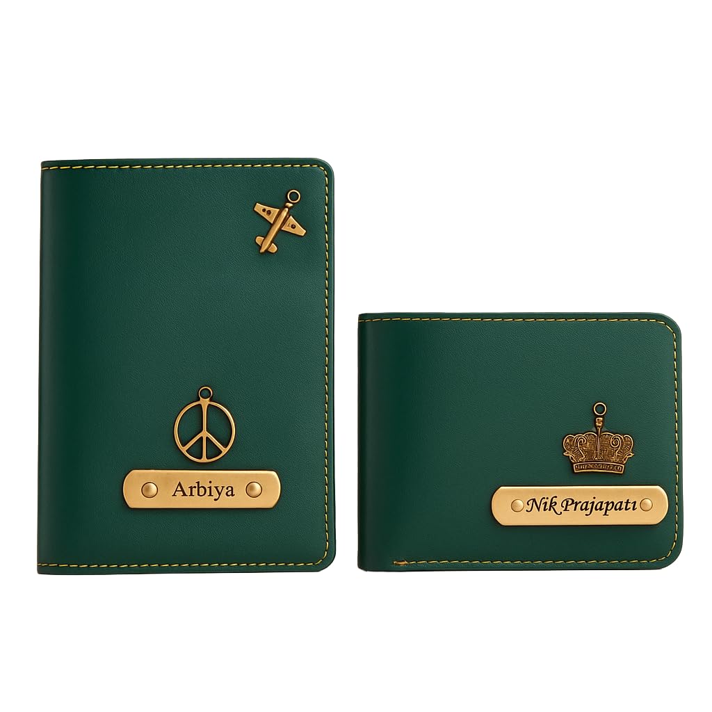 Personalised Leather Passport Cover and Wallet Combo, Gold Charm, Name Plate, Travel Gift Set (Green)-image-2