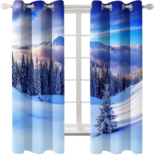 Cortinas azul gris para dormitorio con estampado de bosque nevado vintage en dos paneles 6