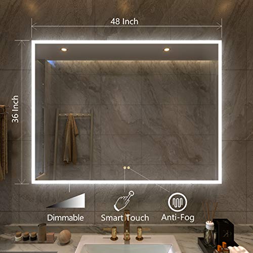 Petus PetusHouse 48 X 36 Inch LED Lighted Bathroom Mirrors, Acrylic Frame Wall Mounted White Light Dimmable Anti-Fog Memory Button Waterproof CRI>90 5MM Bedroom Mirror Vertical & Horizontal - Thumbnail 5