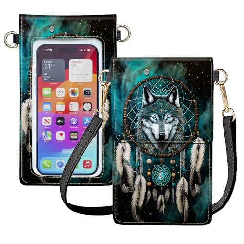 Small Crossbody Cell Phone Bag for Women Girl,Touch Screen Phone Purse,Crossbody Cell Phone Bag,Lightweight Small Leather Bag Phone Wallet with a Shoulder Strap-Dream Catcher Wolf