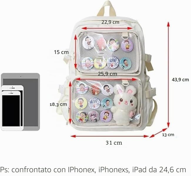 Ita Borsa con Finestre Trasparenti per Donna e Adolescente, Kawaii JK Pin Display Zaino, Estetico, Carino, Grande Borsa Scuola, Zaino Casual Robusto