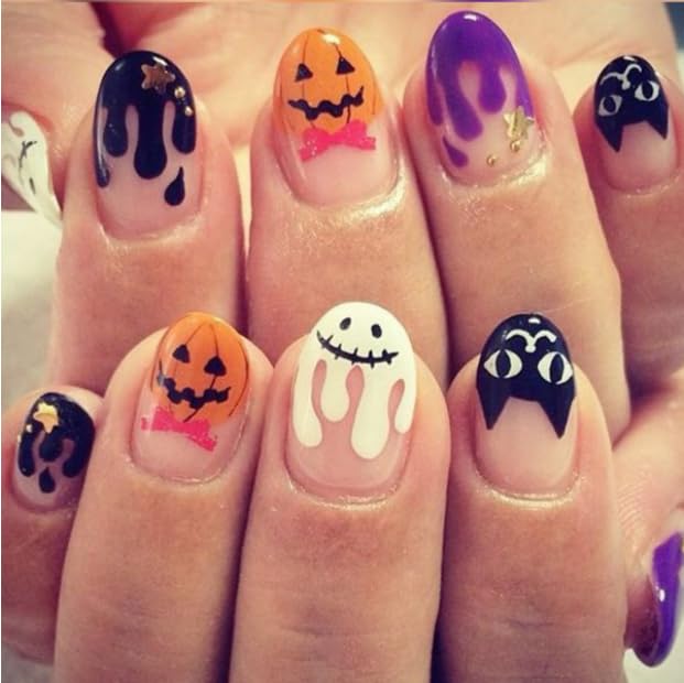 Halloween nails Press on Nails Fake Nails Tips Full Cover Medium False Gradient Nails for Women and Girls 24PCS (Halloween, Middle nail)