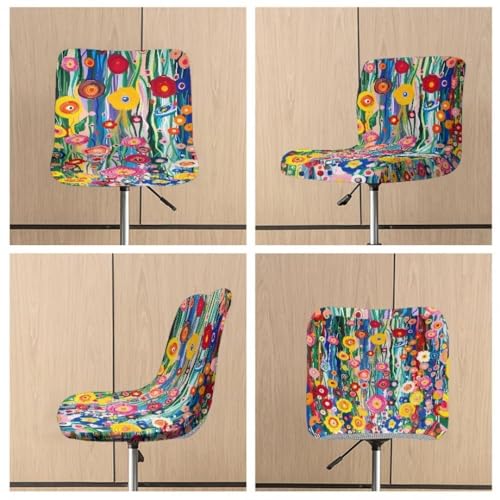 Image of Colorful Flower Bar Stool Chair Cover of 2 Slip Resistant Seat Covers Chair Cover Protecter with Low Short Back for Dining Room Universal Size