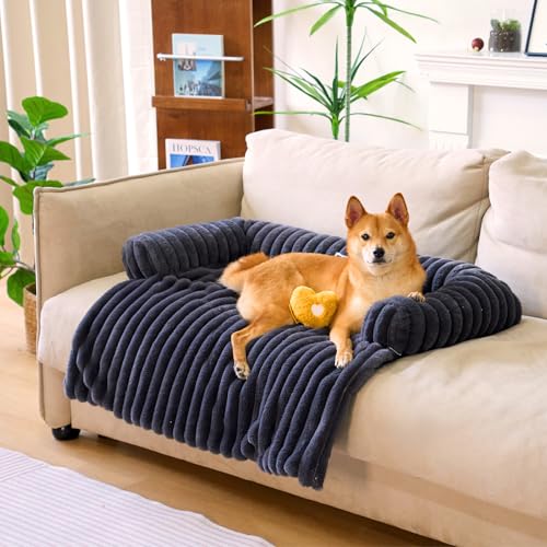 FUNNY FUZZY Pet Couch Cover for Sofa, Calming Dog Bed for Couch, Fluffy Plush Dog Couch Mat for Furniture Protector for Large Medium Small Dogs and Cats, Dark Grey Large Dark Grey