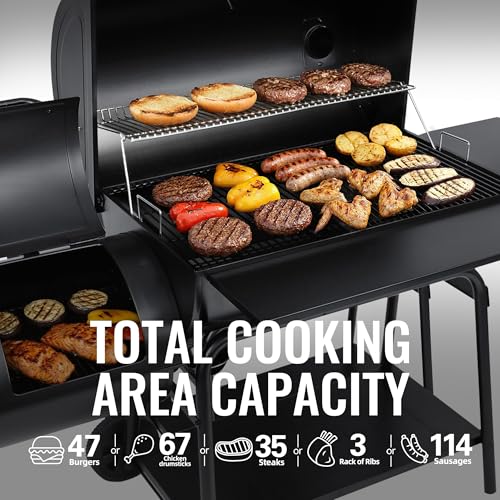 Image of Royal Gourmet CC2036F Barrel Charcoal Grill with Offset Smoker, Outdoor BBQ Grill with 1200 Sq. In. Grilling Area for Large Event Gathering, Black | Outdoor BBQ Grill with 1200 Sq. In. Grilling Area for Large Event Gathering, Adjustable Temperature Control