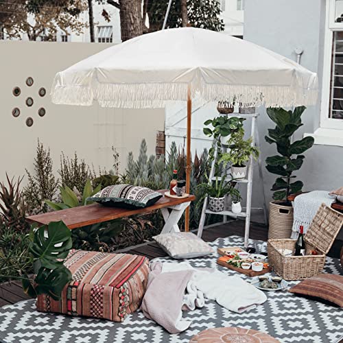 Ammsun 7Ft Patio Umbrella With Fringe Outdoor Tassel Umbrella Upf50+ Wood Color Steel Pole And Steel Ribs Push Button Tilt,White Cream #TOP7