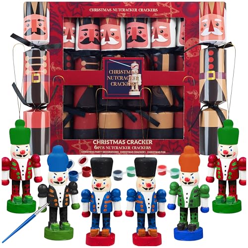 KreativeKraft Luxury Christmas Crackers, 6 Pack Deluxe Xmas Crackers with Paint Your Own Nutcracker Xmas Tree Decorations, Fun Novelty Table Decor (Multi DIY Nutcracker)