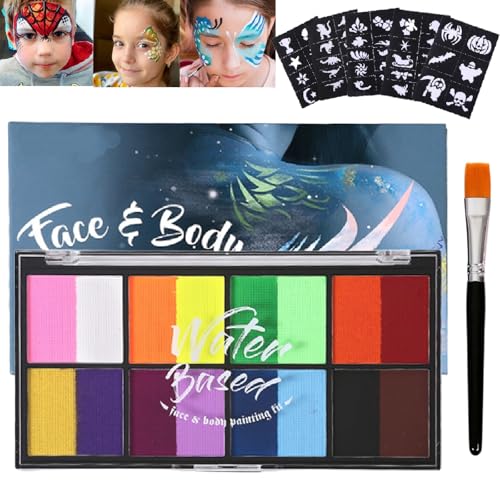 16 Colors Face Paint Palette, Safe Non-Toxic Washable Water-Based Face Painting Kit with Brush & 44 Stencils, Easy to Apply Body Paint for Halloween, Role Play, Cosplay, Birthday Party Makeup