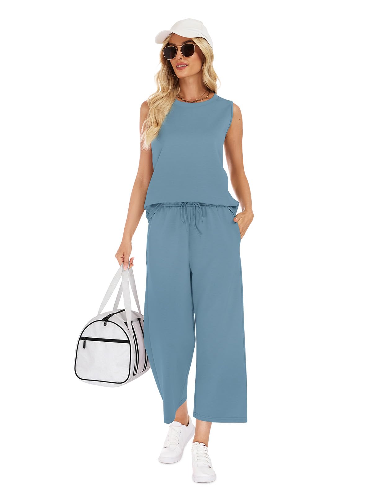 VUTRU Zweiteiler Trainingsanzug Damen Sommer Outfits Tracksuit Kurzarm Lässige Jogginganzug Damen und weite Hose mit Taschen Sport Anzug Hausanzug