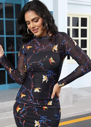 Image of MOEENCN Sexy Long Sleeve Midi Dress for Women Sheer Mesh Printed 2 Piece Skirt Set Crew Neck See Through Bodycon Party